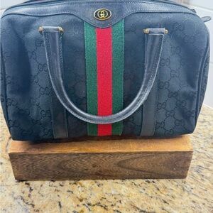 Vintage Gucci Web Boston Bag GG Monogram Canvas Green Red Stripe Italy